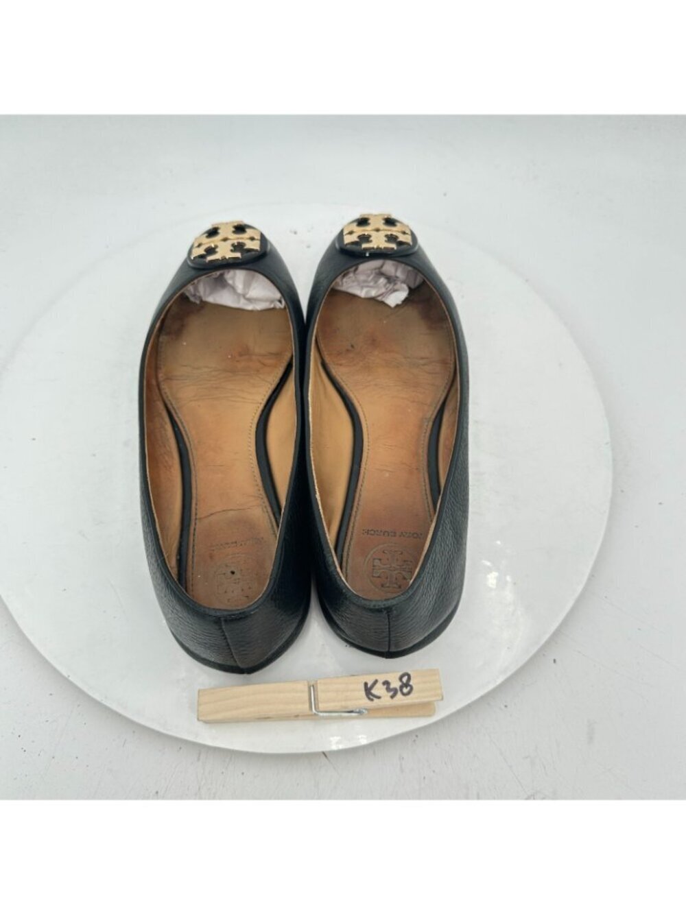 Tory Burch Claire Women Size 7 Black Leather Gold Logo Ballerina Flat Shoes - Picture 8 of 10